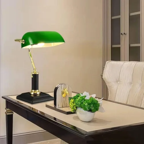 Miniatura 2 de Lámpara de escritorio con tirada en V, lámpara de mesa/mesita de noche, lámpara de banquero con pantalla de cristal verde, base negra e interruptor