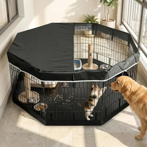 Miniatura 8 de PJYuCien Corralito octogonal para perros con cubierta superior y almohadilla inferior, bolígrafo de ejercicio plegable de metal, 8 paneles de 24