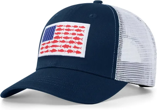 Miniatura 22 de Sombrero de camionero con bandera de pez estadounidense, regalos de pesca para hombres, sombrero de pesca Snapback perfecto para pesca y uso diario