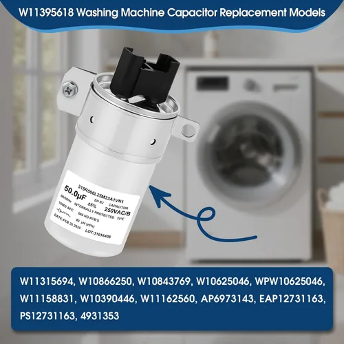 Miniatura 3 de W11395618 Condensador de funcionamiento del motor 50uF 250VAC 50/60Hz 10000AFC - Condensador de repuesto para lavadora para 4931353, PS12731163