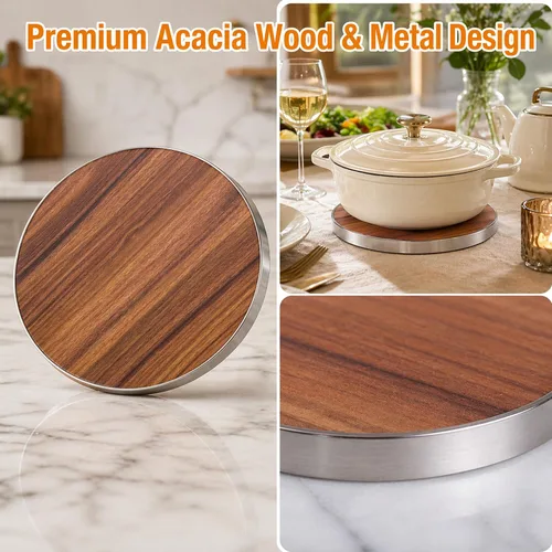 Miniatura 2 de Creative Home Salvamanteles redondos de 7 pulgadas, salvamanteles de fibra de madera de acacia con borde de acero inoxidable, duradero, protector
