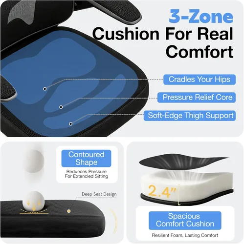 Miniatura 6 de ALLGOD Silla de oficina ergonómica, silla de escritorio ergonómica de malla transpirable con soporte lumbar ajustable, reposabrazos abatibles