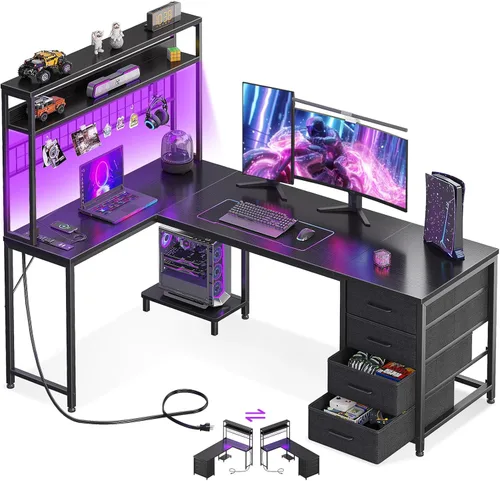 Miniatura 16 de AODK Escritorio en forma de L para juegos con luz LED y toma de corriente, mesa de computadora reversible en forma de L de 53 pulgadas con estante