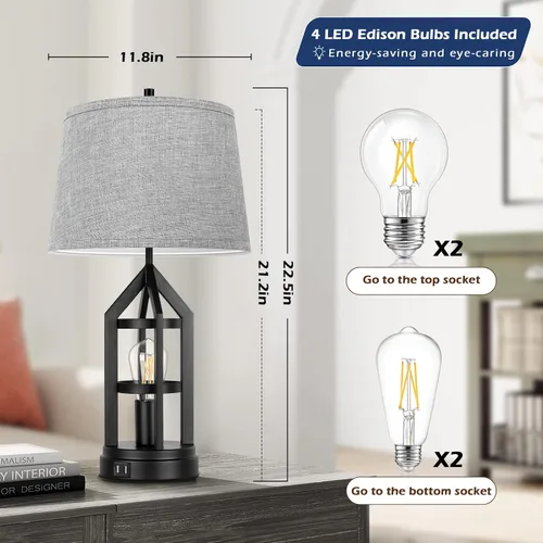 Miniatura 5 de BesLowe Juego de 2 lámparas de mesa de cristal de 26 pulgadas de alto con 2 puertos de carga USB y luz nocturna LED, lámparas de mesa costeras