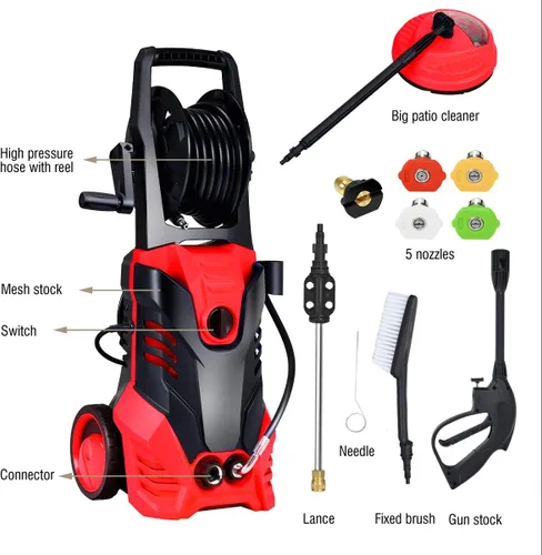 Miniatura 8 de Goplus Lavadora a presión eléctrica de 3000 PSI, lavadora portátil de alta potencia con 5 boquillas, carrete de manguera, botella de jabón, 2 GPM
