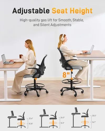 Miniatura 4 de LukkDys Silla de dibujo con respaldo multiajustable 4D, silla de oficina alta de 19.7 a 27.6 pulgadas de altura, silla de escritorio ergonómica