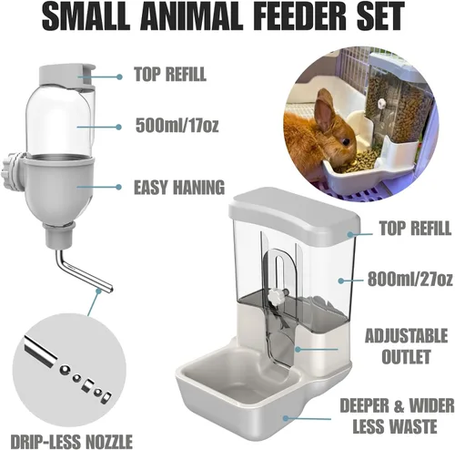Miniatura 2 de Dispensador automático de agua para alimentos para mascotas, juego de botellas de agua para jaula de jaula de jaula de alimentación para perros Gris