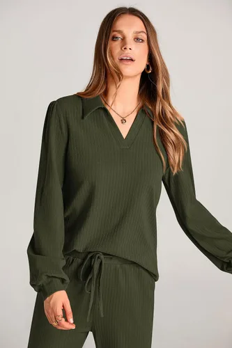 Miniatura 7 de PRETTYGARDEN Conjunto de dos piezas de ropa de otoño para mujer, manga larga, solapa, cuello en V, blusas, pantalones de pierna ancha, chándal