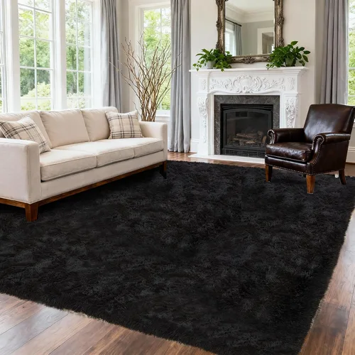 Miniatura 2 de Alfombra negra lanuda para sala de estar o dormitorio, ultra suave y esponjosa, alfombra peluda de 4 x 6 pies, alfombra de noche de felpa