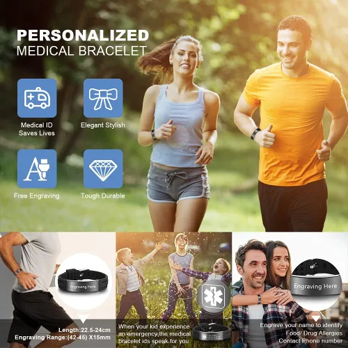 Miniatura 22 de OPALSTOCK Pulseras médicas personalizadas de silicona ajustable para identificación de emergencias, grabado gratuito, 9 pulgadas, resistente al