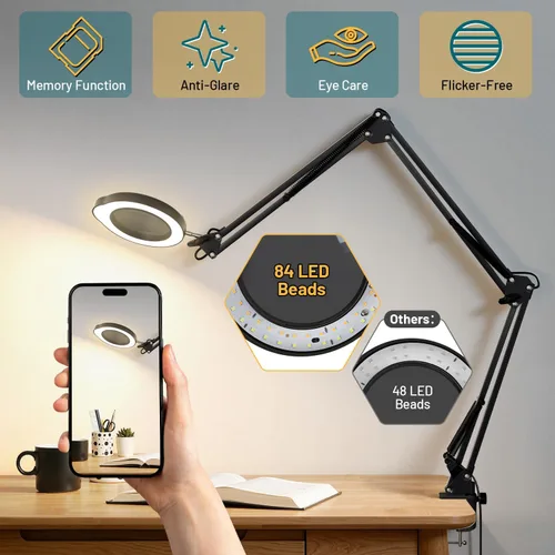 Miniatura 5 de 15X Magnifying Glass with Light and Clamp, 84 LED Hands-Free Lighted Magnifying Glass with Clamp, 3-Section Arm 5 Color Modes Dimming LED Desk