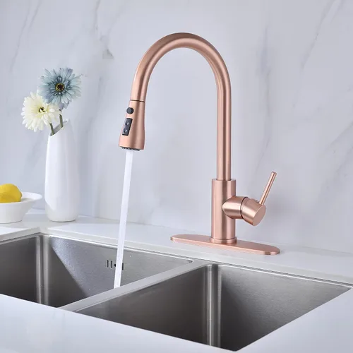 Miniatura 2 de Delle Rosa Grifo de cocina de cobre y oro rosa, montaje en cubierta, acero inoxidable 304, manija única, configuración de rociado de 3 vías, fácil