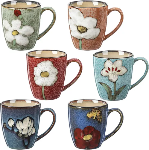 Miniatura 10 de Maxdot Juego de tazas de café de cerámica de 12 onzas, proceso de acristalamiento, taza de capuchino, tazas de té de cerámica floral, regalo