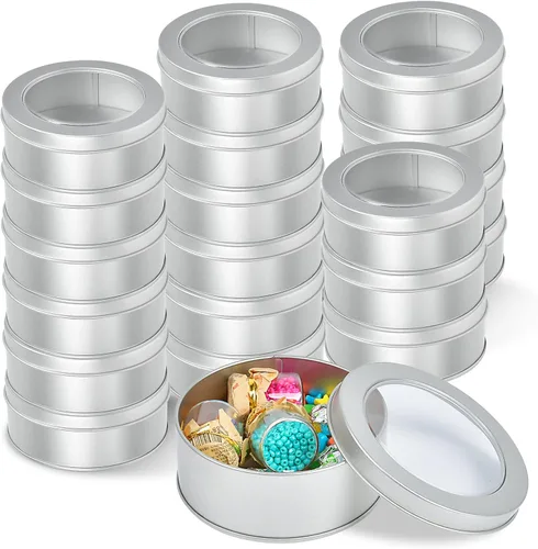 Miniatura 8 de Paquete de 20 latas de metal de 3.5 onzas, latas redondas vacías con parte superior transparente, latas de almacenamiento para cocina, oficina