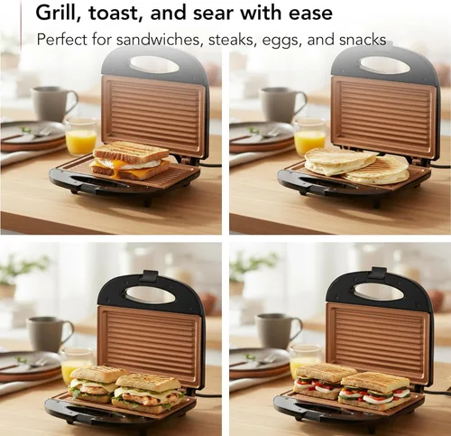 Miniatura 8 de OVENTE - Parrilla eléctrica para panini con placas antiadherentes, luces indicadoras LED, control de termostato, sandwichera compacta perfecta