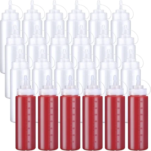 Miniatura 8 de Xinnun 24 botellas de plástico para exprimir condimentos, a prueba de fugas, botellas multiusos con tapa superior giratoria para salsas, ketchup
