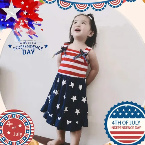 Miniatura 2 de XFGLCK Vestido de 4 de julio para niñas pequeñas, con volantes, estrellas, rayas, lazo, falda, patrón de bandera, trajes de verano