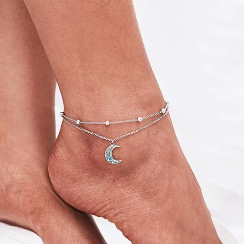 Miniatura 63 de CHIC & ARTSY Tobilleras delicadas de plata de ley S925 para verano, pulsera de tobillo ajustable multicapa para playa, joyería de pie para mujer