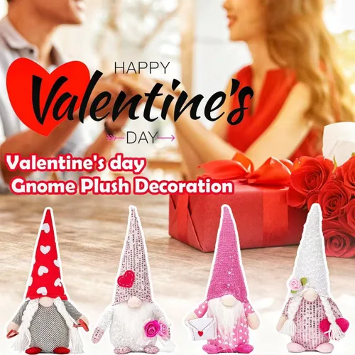 Miniatura 6 de Decoración de gnomo de San Valentín de elfo de peluche – 4 gnomos suecos hechos a mano de peluche de elfo escandinavo Tomte – Adorno de mesa