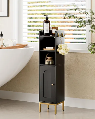 Miniatura 15 de Gabinete de Almacenamiento para Baño, Pequeño Mueble de Esquina de Piso con 2 Ganchos, Gabinete Estrecho para Papel Higiénico con Puerta de Ratán