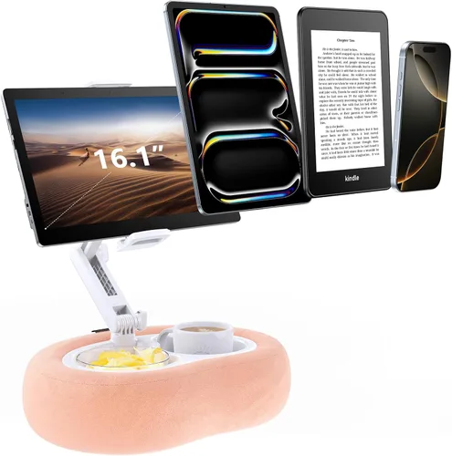 Miniatura 8 de Soporte para tableta y lector electrónico con almohada de felpa suave y 2 bandejas desmontables, soporte ajustable para tableta para cama o regazo