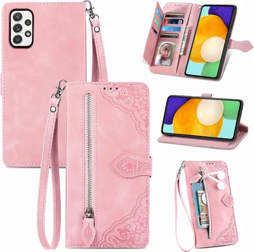 Compatible con Samsung Galaxy A52/A52S 5G - Funda tipo cartera con correa para la muñeca y soporte de cuero para tarjetas, accesorios celulares,