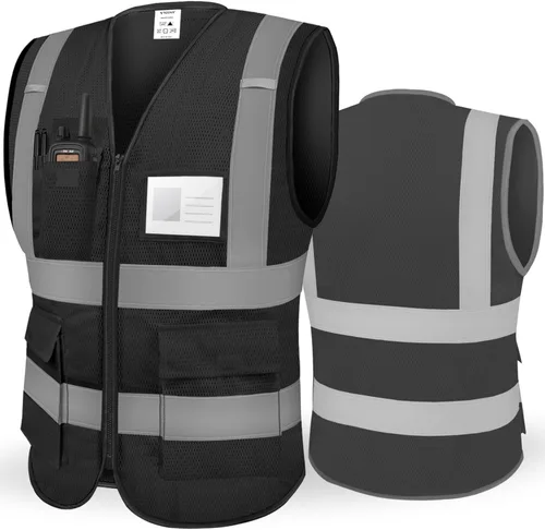 TICONN Chaleco de seguridad reflectante de alta visibilidad Clase II de malla para mujeres y hombres Cumple con los estándares ANSI Negro