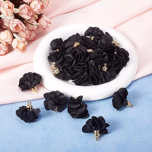 Miniatura 7 de Cheriswelry 50 colgantes de tela de tela de flores de tela negra con pétalos florales con tapa dorada en forma de campana para manualidades, aretes