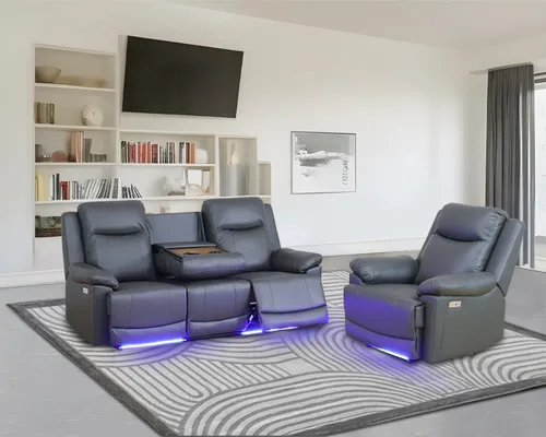 Juego de sofá reclinable eléctrico de cuero con LED, juego de sala de estar reclinable, sofá reclinable eléctrico con puerto Gris oscuro
