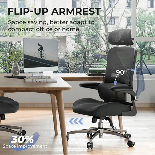 Miniatura 6 de Silla de oficina ergonómica con reposacabezas, soporte lumbar, reposabrazos abatibles, asiento de espuma viscoelástica gruesa, capacidad de 350