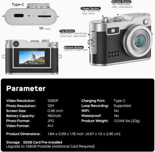 Miniatura 6 de Mini cámara digital, 1080P HD minúscula cámara retro llavero con tarjeta de 32 GB, pantalla de 0.96 pulgadas y adaptador OTG, cámara de bolsillo
