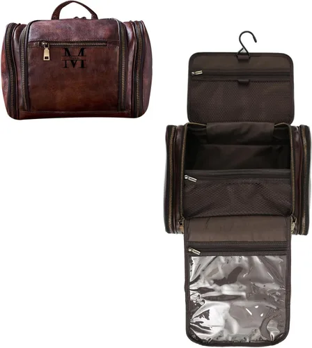 Miniatura 7 de Neceser para hombres y mujeres con gancho para colgar, cuero de grano completo hecho a mano, kit de viaje vintage, bolsa de cosméticos de cuero