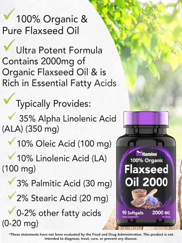Miniatura 3 de tnvitamins Cápsulas blandas de aceite de linaza orgánica: 2000 mg - 90 cápsulas blandas Alto en ácidos grasos omega-3 Suplemento de aceite