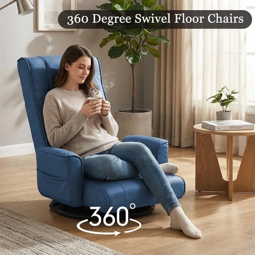 Miniatura 9 de Silla de suelo giratoria de 360° con reposabrazos, tumbona ajustable de 14 posiciones para adultos, asiento acolchado plegable con respaldo para Azul