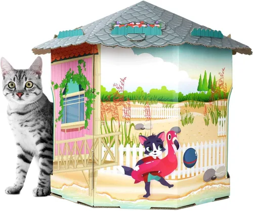 Miniatura 4 de American Cat Club Casa para gatos con rascador y hierba gatera incluidos - Casa de playa