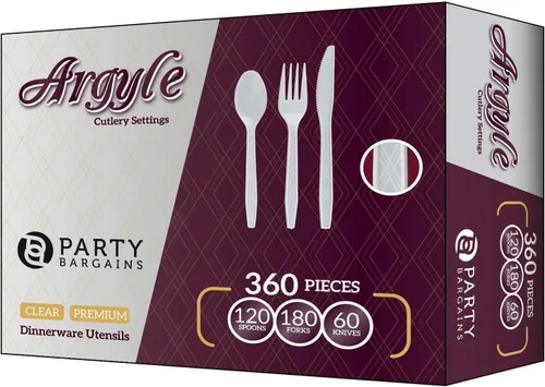 Miniatura 9 de Party Bargains - Cubiertos de plástico transparente 2,160 piezas: 1,080 tenedores, 720 cucharas, 360 cuchillos. Argyle Design - Juego de cubiertos
