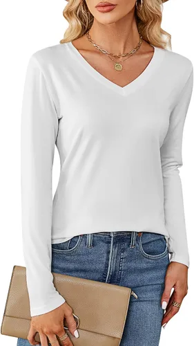 Miniatura 5 de Ficerd Paquete de 2 camisetas con cuello en V para mujer, manga corta o larga, camisetas básicas de verano casuales con dobladillo sólido
