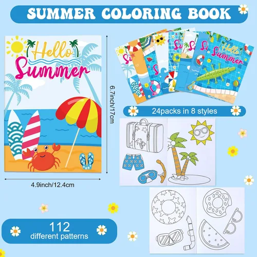 Miniatura 2 de Faccito 24 libros para colorear de playa de verano, mini libro de dibujo artístico a granel incluyendo piña, coco, flamenco, playa, piscina