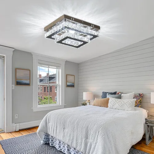 Miniatura 5 de Finktonglan Lámpara LED de techo empotrada de cristal, LED integrado de 24 W, luz blanca fría de 6500 K luz de día, cristal K9 rectangular y acero
