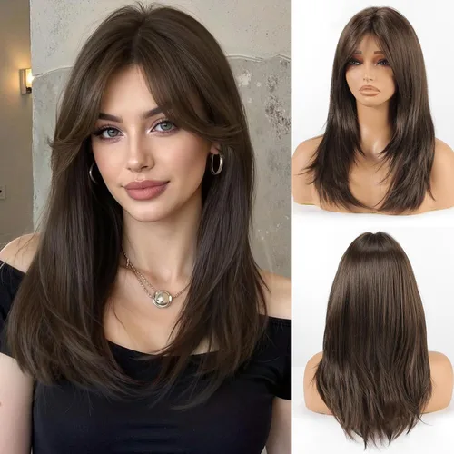 Miniatura 7 de Allbell - Peluca larga y lacia para mujer, color ombré castaño claro a rubio con flequillo, con reflejos, de cabello sintético, resistente al calor