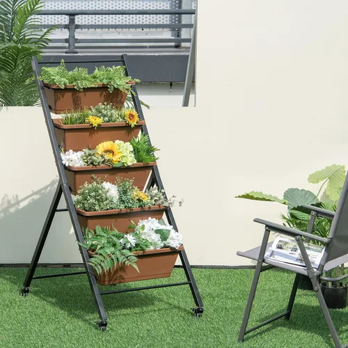 Miniatura 3 de Giantex Cama de jardín elevada vertical sobre ruedas, macetas elevadas de 5 niveles, camas de jardín con orificio de drenaje, 5 contenedores