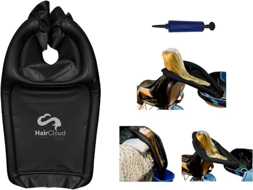 Capa de embudo de champú inflable para lavar el cabello en cualquier silla y lavabo. Dispositivo de bandeja portátil negra para usar en salón, en