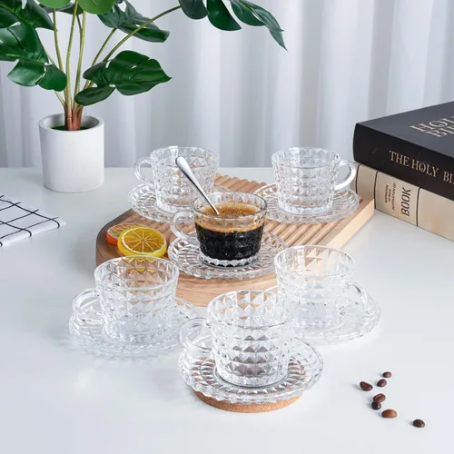 Miniatura 8 de Juego de 6 tazas de cristal para café espresso con platillos y cucharas de acero inoxidable, aptas para lavavajillas, para té, chocolate caliente