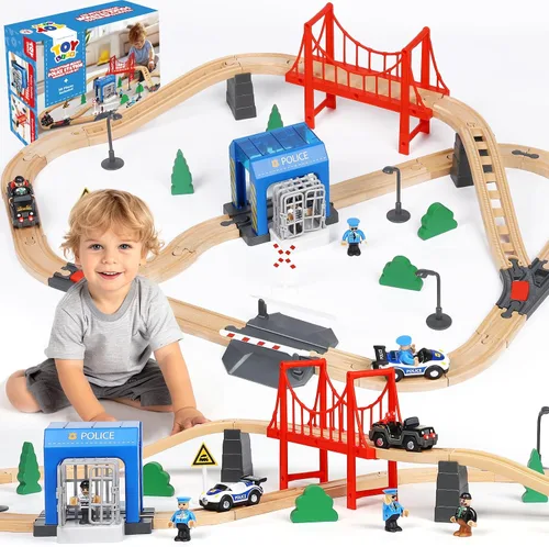 Miniatura 9 de TOY Life Juego de Tren de 81 Piezas con Grúa y Locomotora, Juguete de Tren de Madera, Vías de Tren de Madera para Niños Pequeños de 3, 4, 5 Años