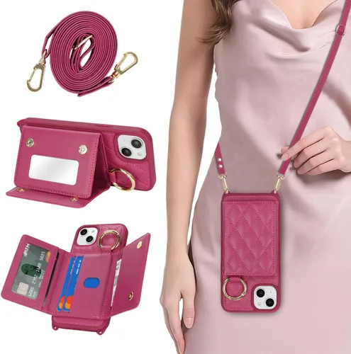 Miniatura 19 de Funda para iPhone 14 Plus con tarjetero y correa para mujer, cordón cruzado, espejo de maquillaje, soporte de anillo, cierre a presión, bonitas Rosa