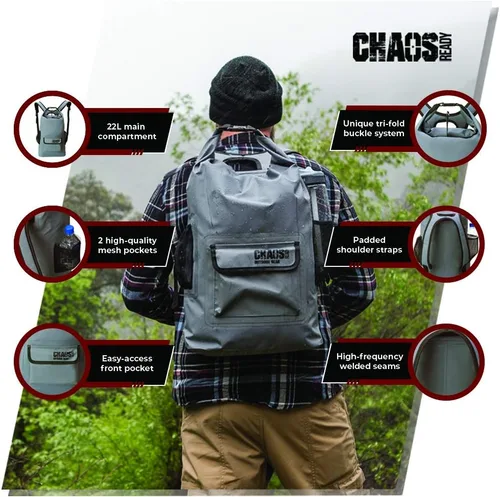 Miniatura 3 de Mochila impermeable Chaos Ready, bolsa seca, resistente, correas acolchadas para el hombro, bolsillos laterales de malla, fácil acceso al bolsillo