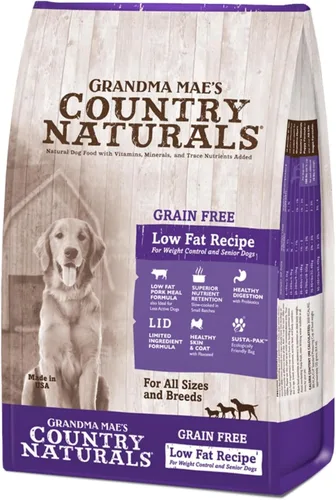 Grandma Mae's Country Naturals Alimento seco para perros, control de peso sin granos y fórmula para perros mayores, cerdo, cocción lenta y rica en