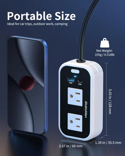 Miniatura 2 de Inversor de corriente para auto de 200 W, Blubluman CC 12 V a 110 V CA, adaptador de toma de enchufe para automóvil con cargador PD de 30 W