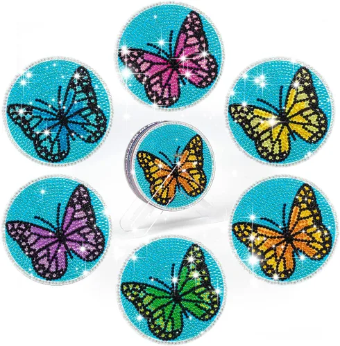 MVVMTOP Paquete de 6 posavasos de pintura de diamantes con soporte transparente dimensional, posavasos de mariposa para bricolaje, kits de arte de
