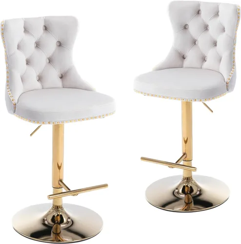 Miniatura 9 de LKTART Juego de 2 taburetes de bar giratorios con altura de asiento ajustable, taburetes de bar tapizados de terciopelo con base cromada